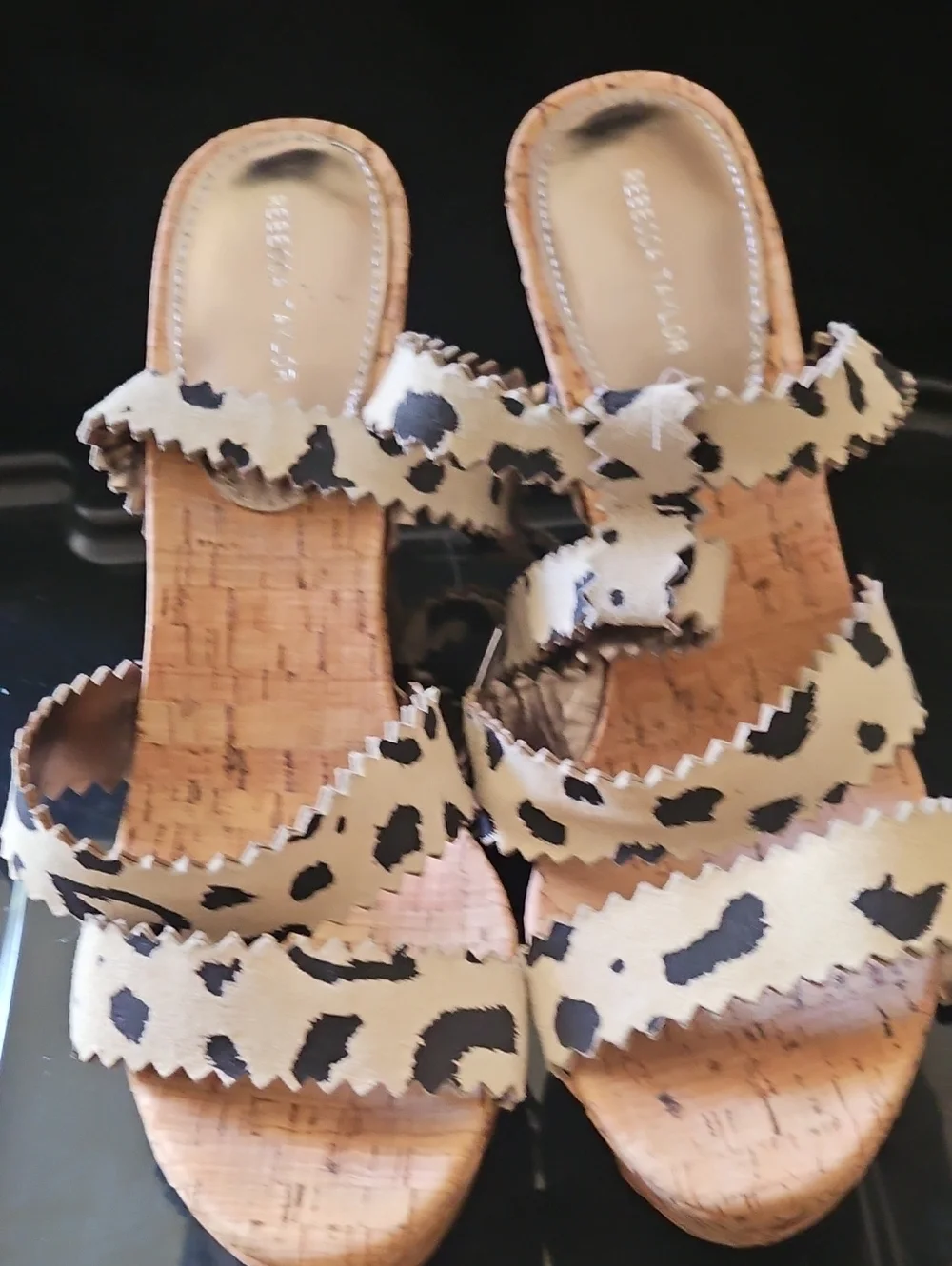 Rebecca Taylor Cork Wedge Sandals in Black & Cream